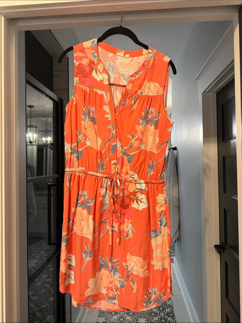 GAP Coral Orange Floral Sleeveless Drawstring Dress